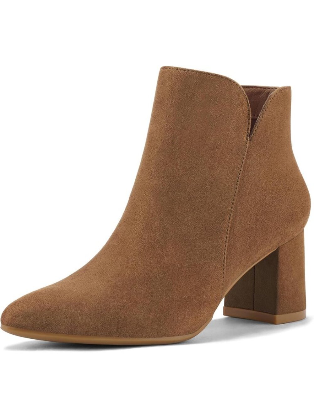 Women's Brown Ankle Boots Chunky Block Heel Pointed Toe Booties Side Zipper
